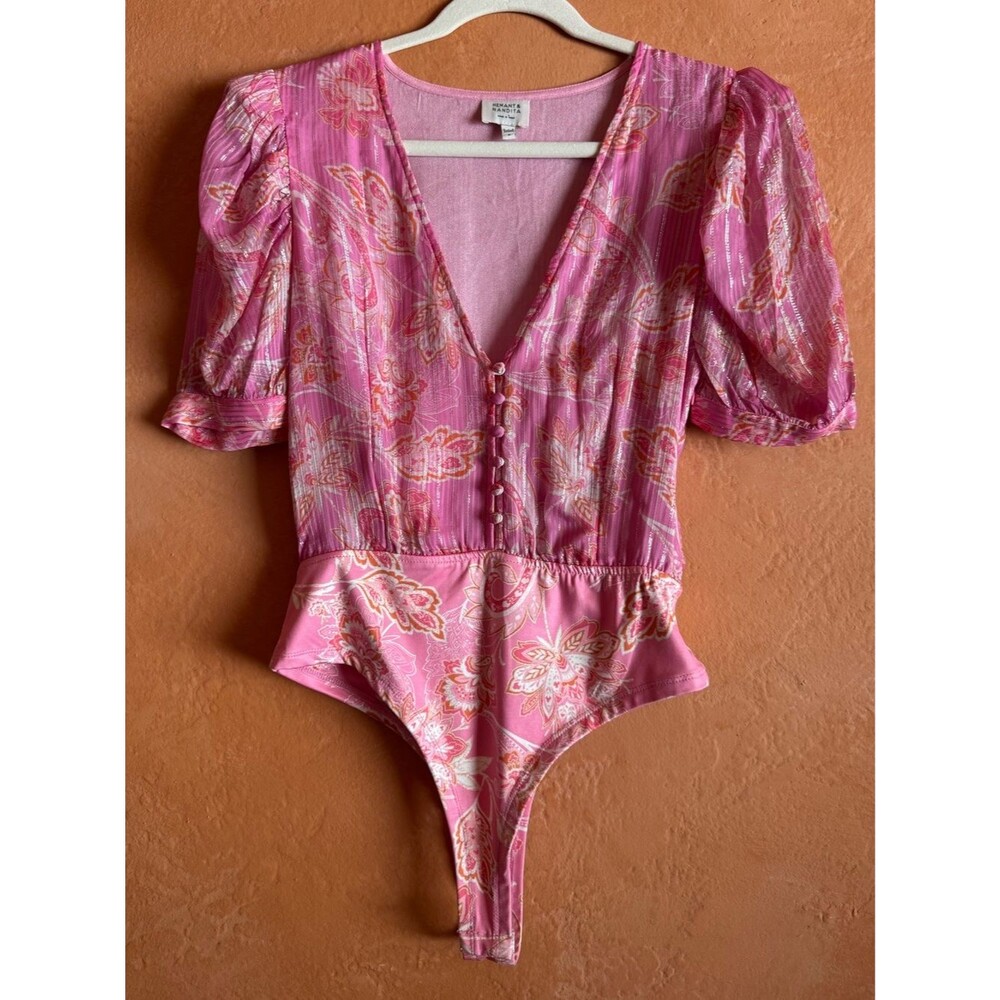 Hemant & Nandita Pink Floral Metallic Stripe Puff Sleeve Bodysuit Medium